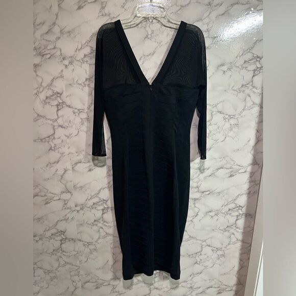 TADASHI SHOJI  Black V Neck Bodycon Long Sleeve Mesh MIDI Dress Womens Size M - Picture 6 of 6